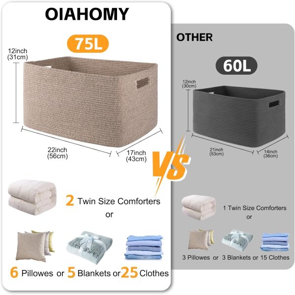 OIAHOMY 75L Large Blanket Basket, Woven Blanket Storage Basket with Handle, Cotton Rope Basket for Organizing 22”x17”x12”, Blanket Basket living Room, Toy Basket for Nursery, Brown variegated - Image 3