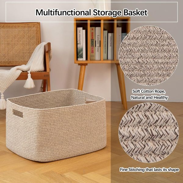 OIAHOMY 75L Large Blanket Basket, Woven Blanket Storage Basket with Handle, Cotton Rope Basket for Organizing 22”x17”x12”, Blanket Basket living Room, Toy Basket for Nursery, Brown variegated - Image 5
