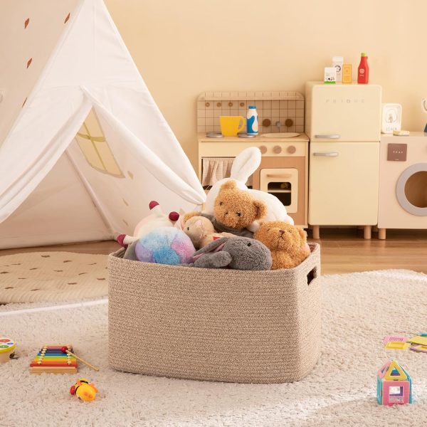 OIAHOMY 75L Large Blanket Basket, Woven Blanket Storage Basket with Handle, Cotton Rope Basket for Organizing 22”x17”x12”, Blanket Basket living Room, Toy Basket for Nursery, Brown variegated - Image 7