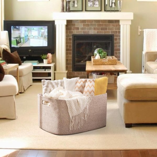 OIAHOMY 75L Large Blanket Basket, Woven Blanket Storage Basket with Handle, Cotton Rope Basket for Organizing 22”x17”x12”, Blanket Basket living Room, Toy Basket for Nursery, Brown variegated - Image 8